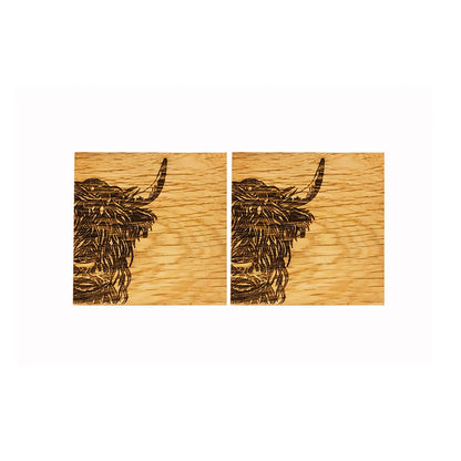 Set of 2 Oak Etched Coasters | Highland Cow