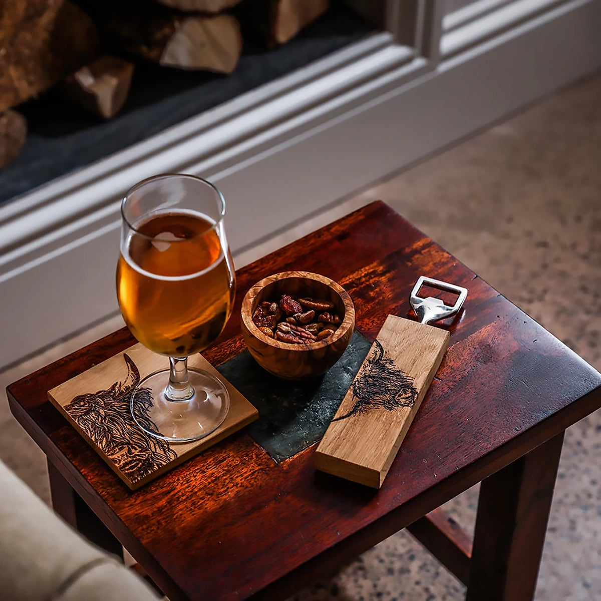 Set of 2 Oak Etched Coasters | Highland Cow