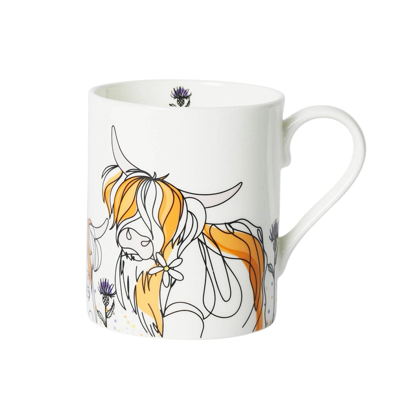 A mug with Highland cow and thistle wrap around print and matching interior detail