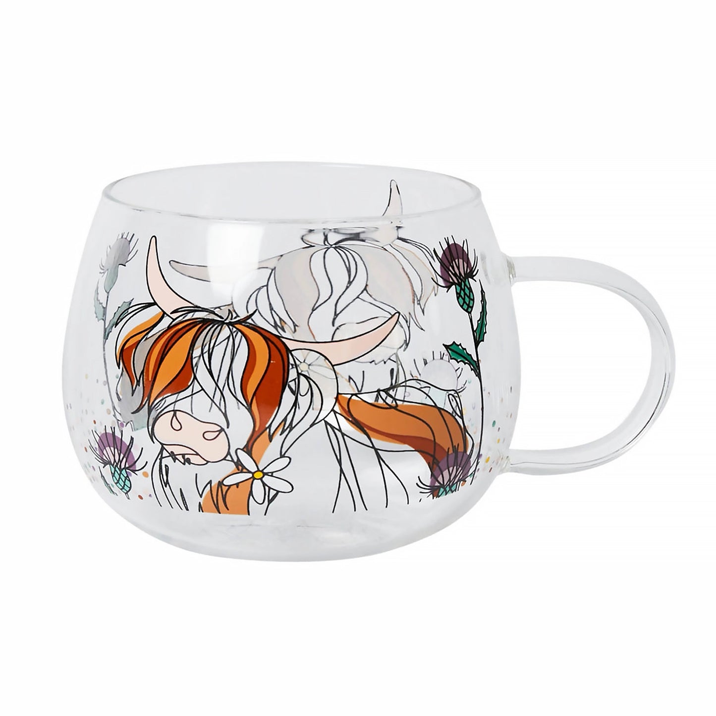 A glass mug with Highland cow and thistle wrap around print
