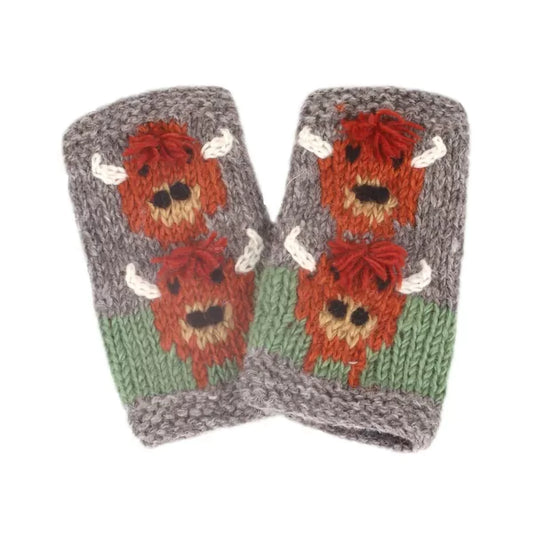 A pair of knitted handwarmers in grey with stacked Highland cow design