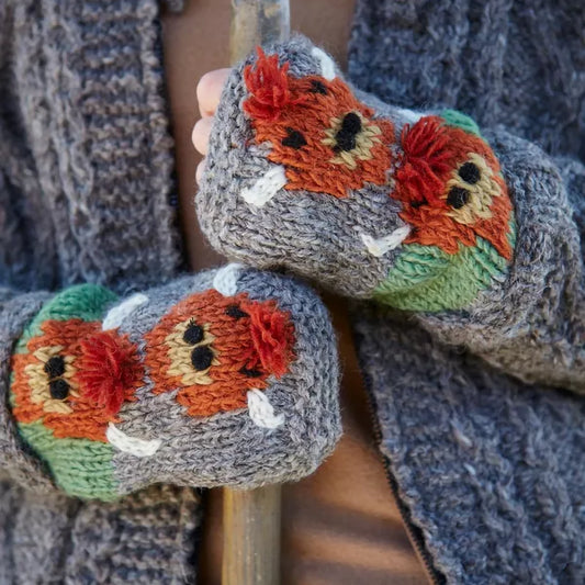 A pair of knitted handwarmers in grey with stacked Highland cow design on model