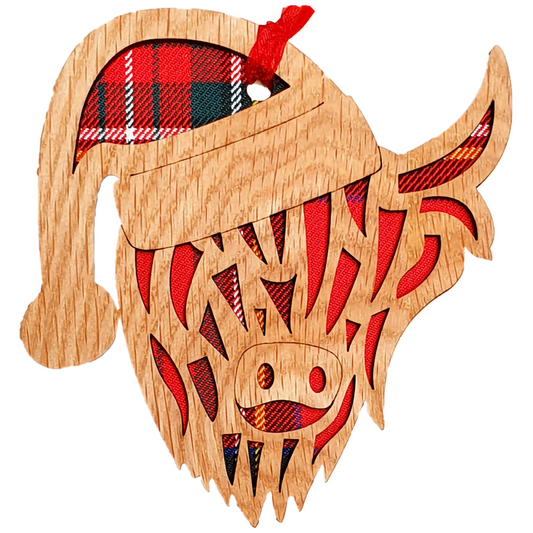 Wooden laser cut Highland cow head tree decoration with red tartan and santa hat