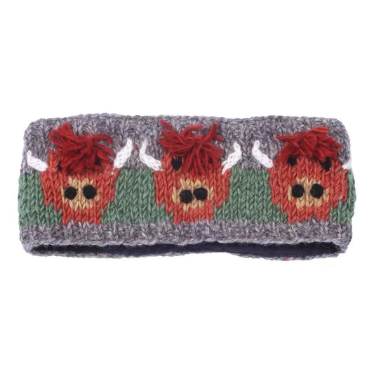 A knitted headband in grey featuring a row of Highland Cows