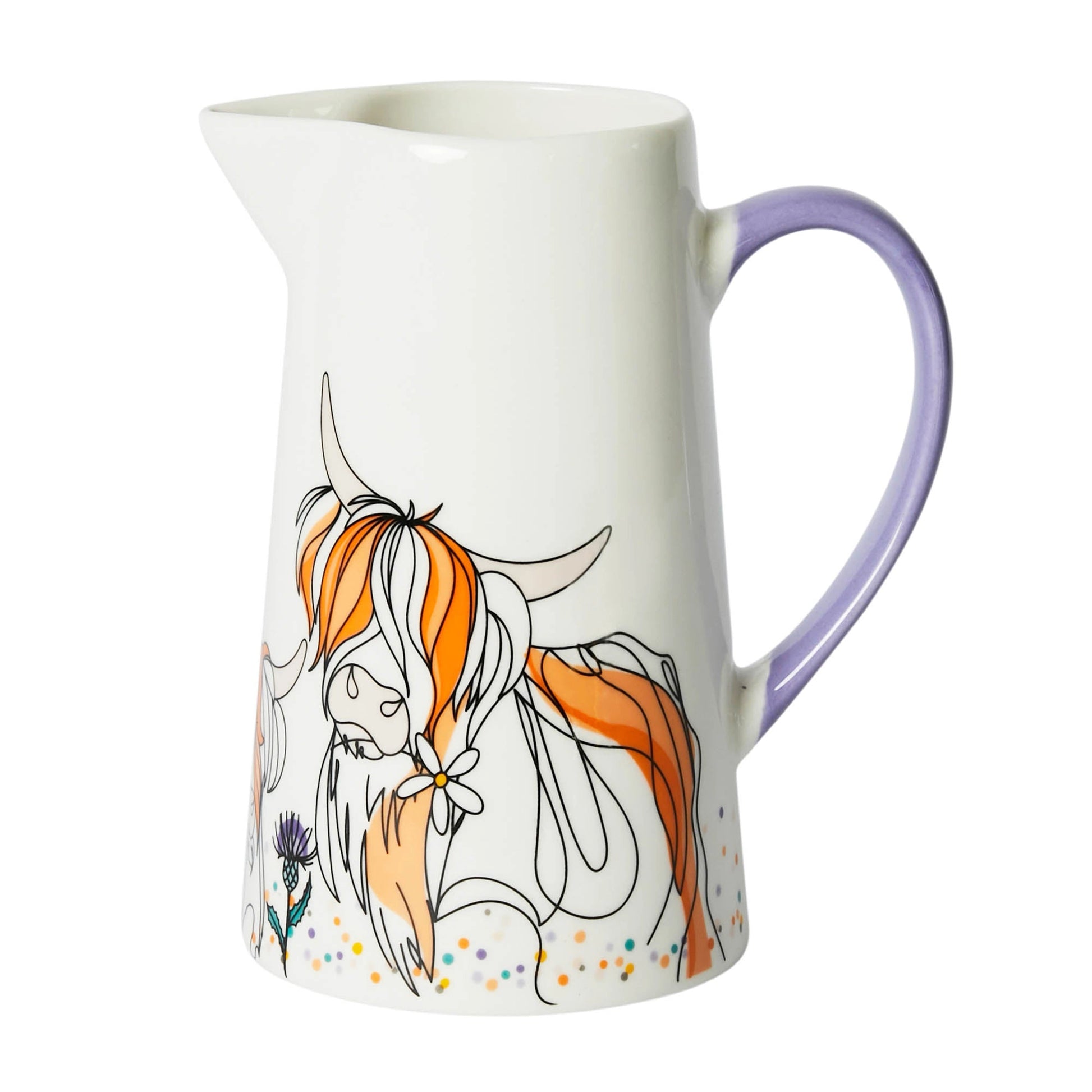 A jug with Highland cow and thistle wrap around print and matching interior detail