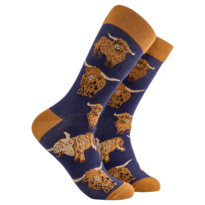 Dark Blue Highland Cow designs socks