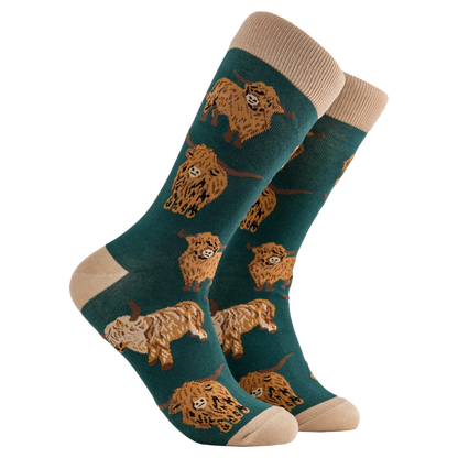 Dark Green Highland Cow designs socks