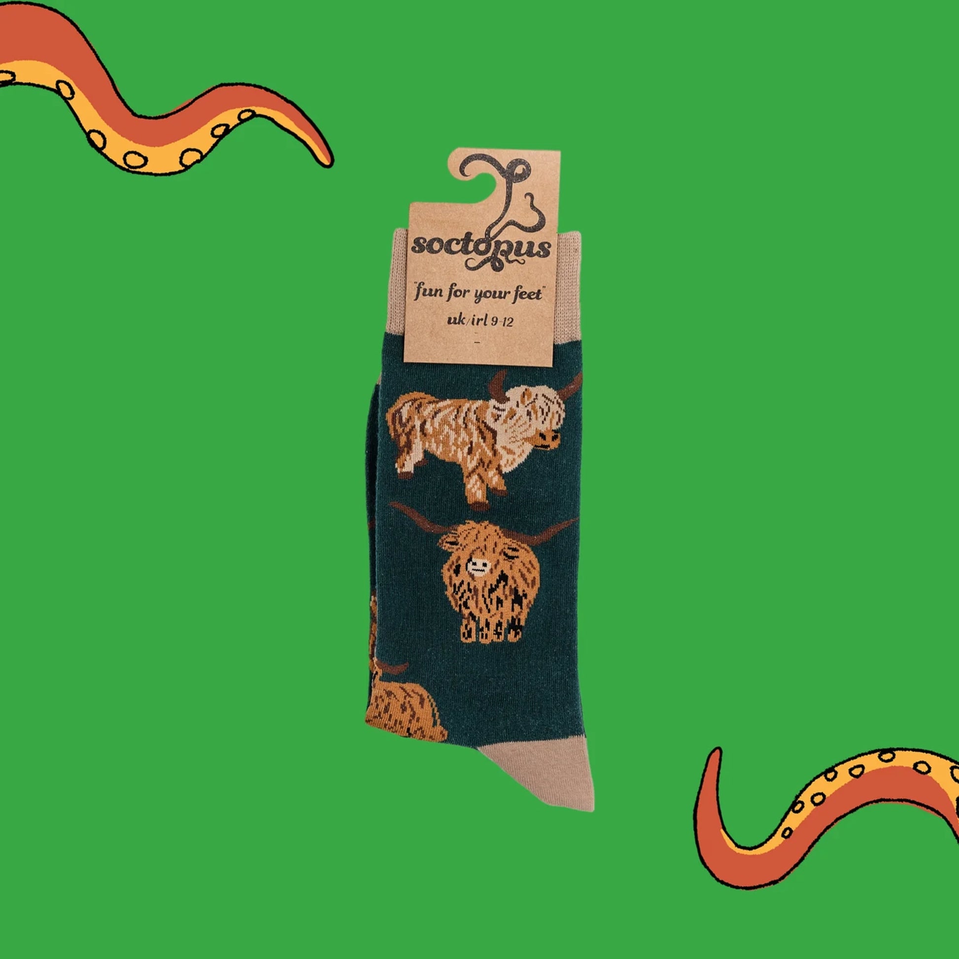 Dark Green Highland Cow designs socks in packaging