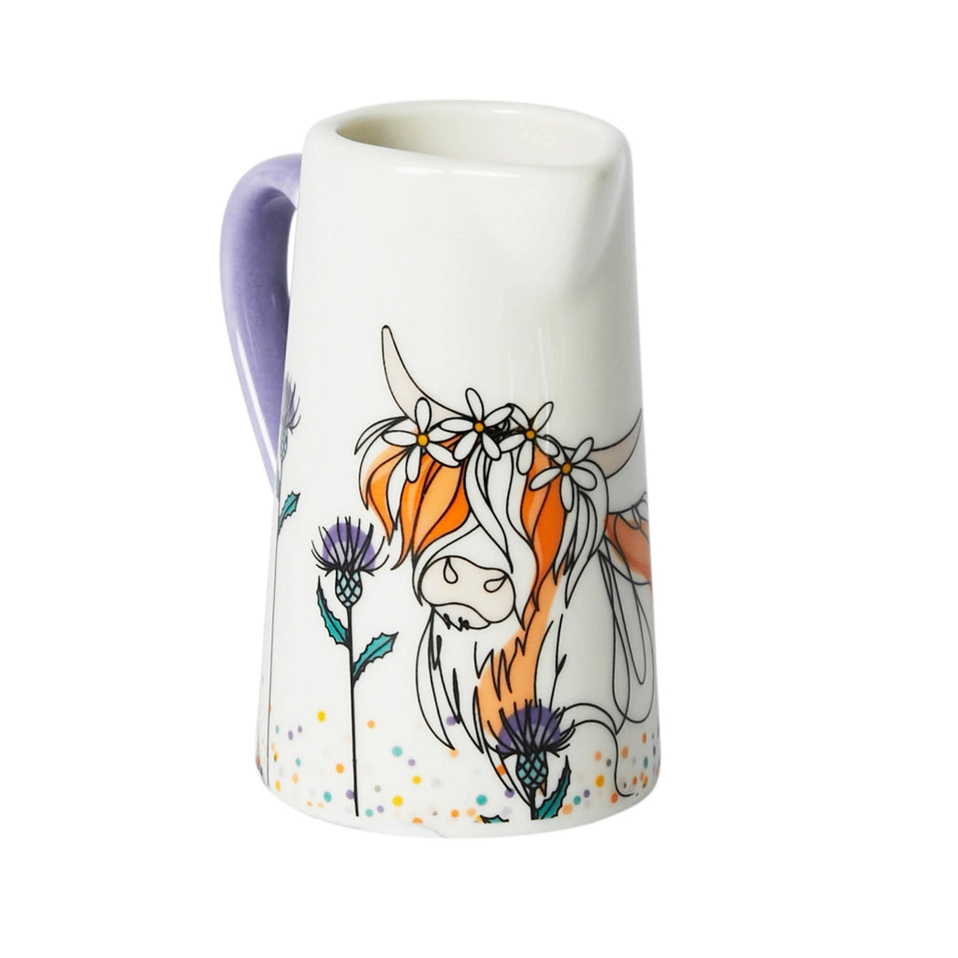 A jug with Highland cow and thistle wrap around print and matching interior detail