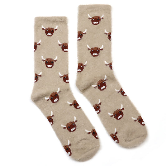 Fluffy Highland Cow Socks | Warm Taupe