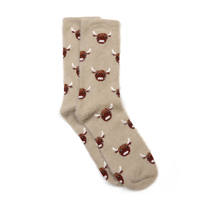 Fluffy Highland Cow Socks | Warm Taupe