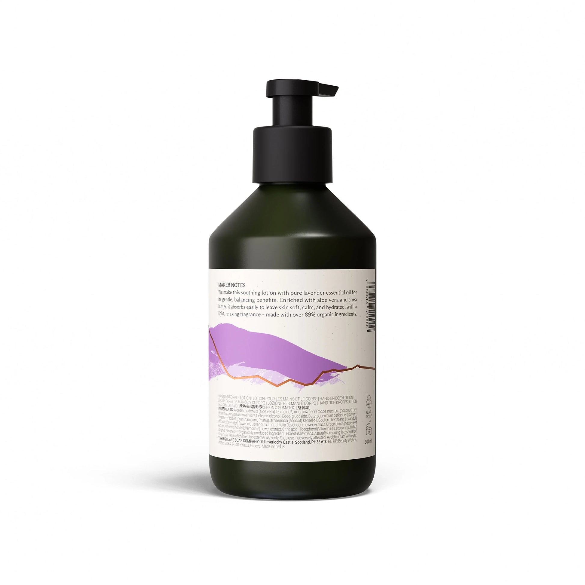 Back of Highland Soap Co. Highland lavender scented hand and body lotion pump bottle with ingredient list