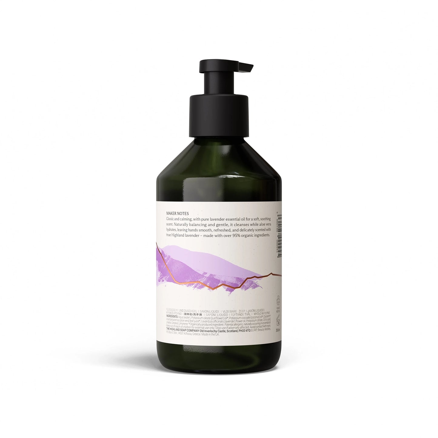 Back of Highland Soap Co. Highland lavender scented liquid hand wash pump bottle with ingredient list