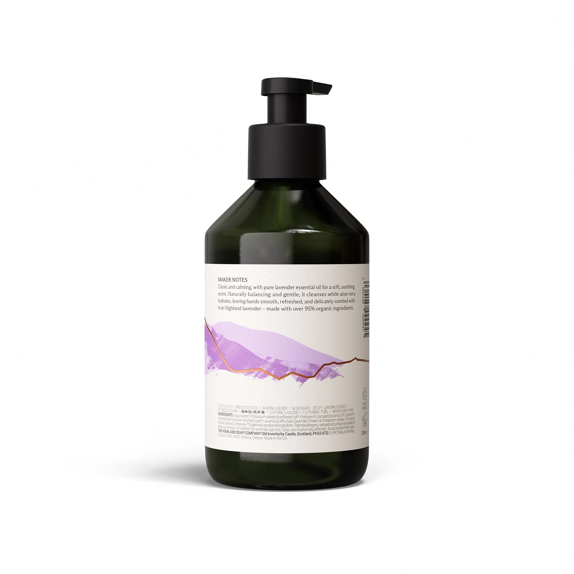Back of Highland Soap Co. Highland lavender scented liquid hand wash pump bottle with ingredient list