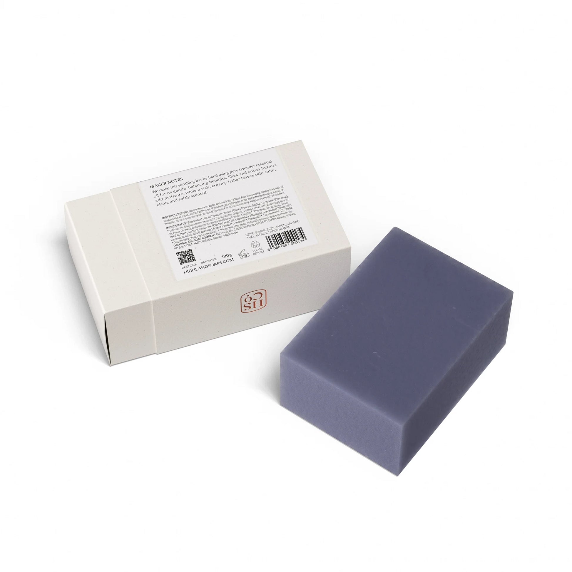 Back of Highland Soap Co. bar of natural lavender soap with ingredient list