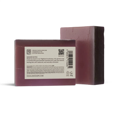 Back of Highland Soap Co. bar of organic lavender soap  with ingredient list