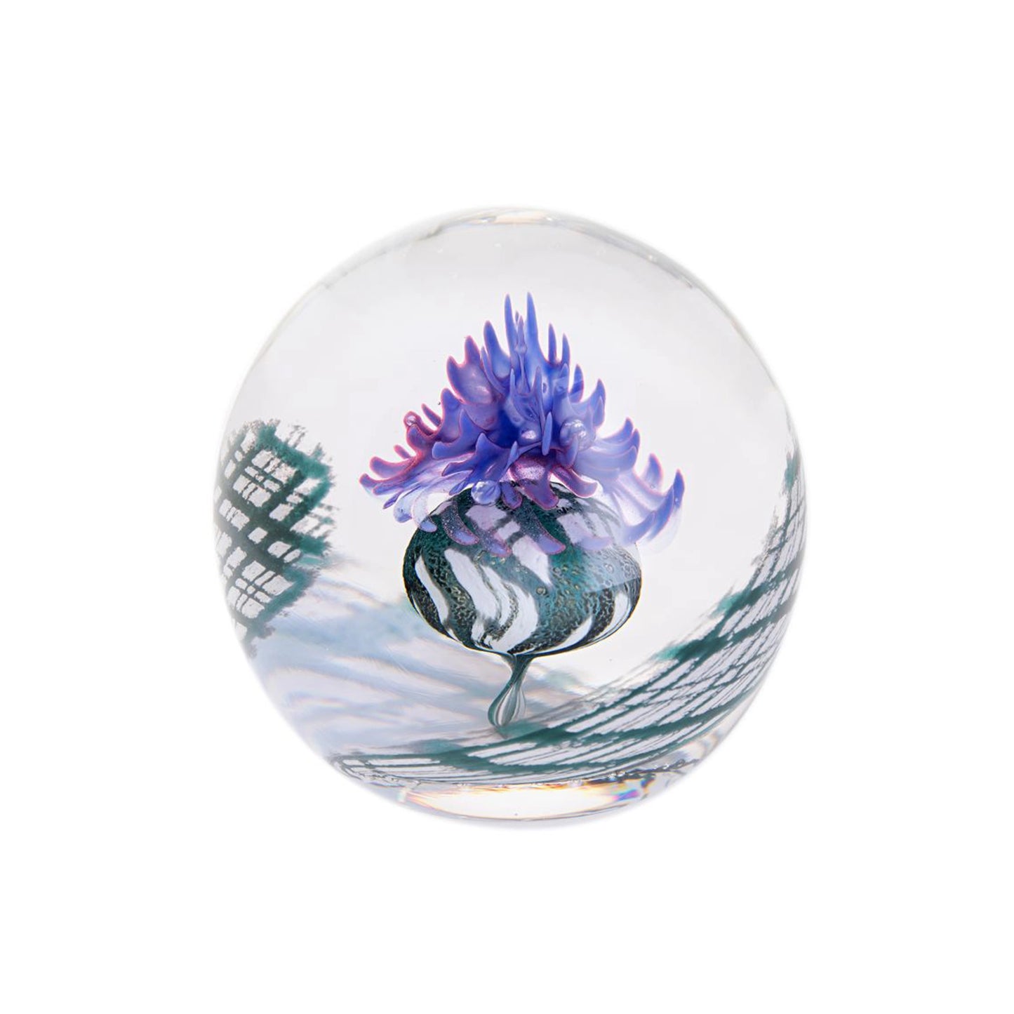Purple thistle round glass paperweight with tartan check