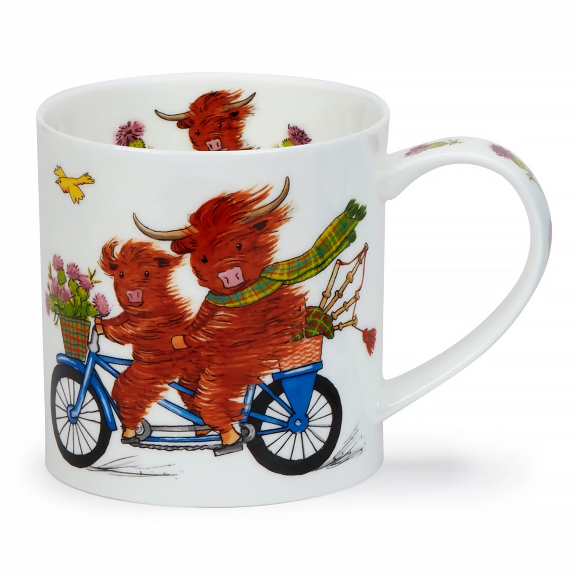 White ceramic mug decorated with an illustration of Highland cows on a double bicycle 