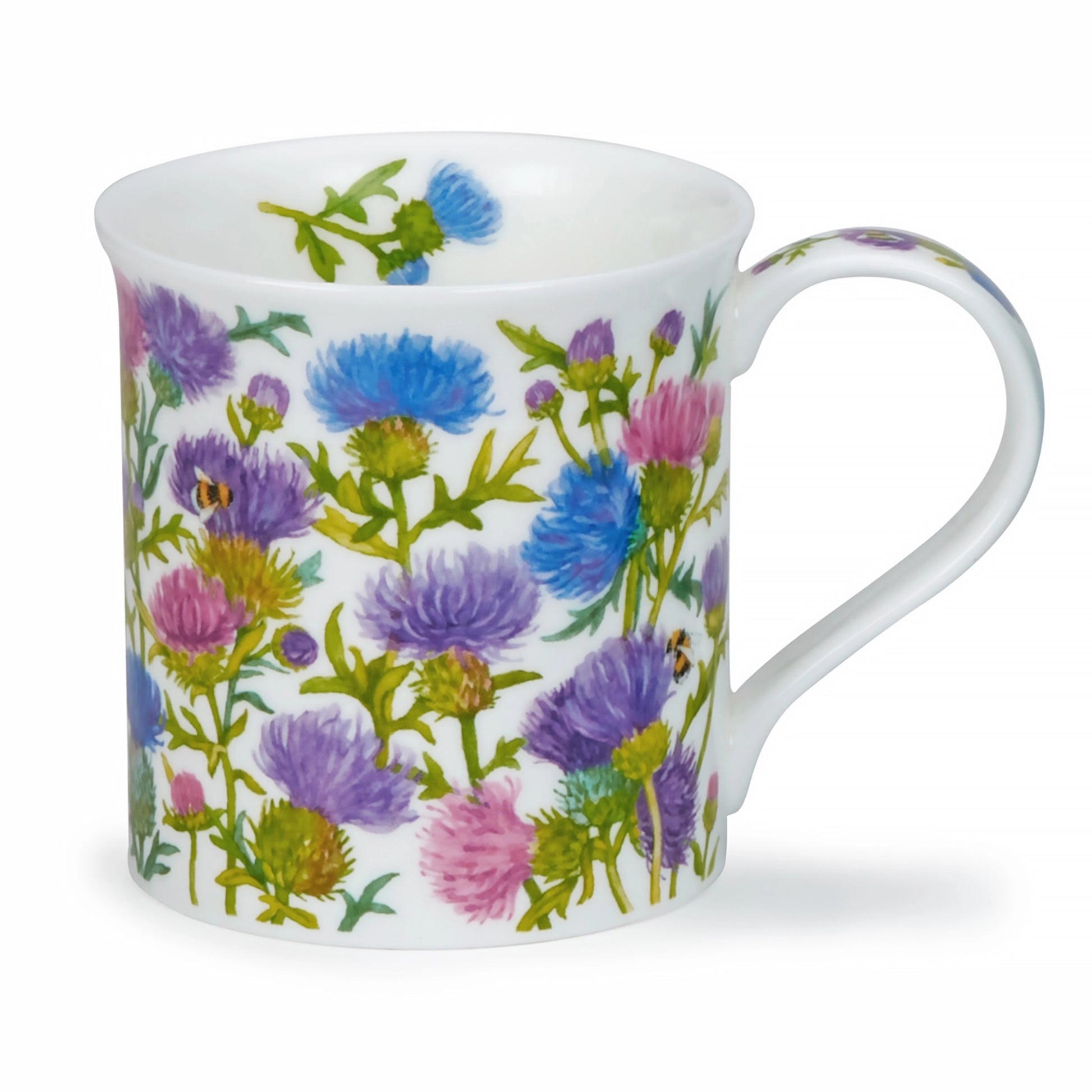 A white ceramic mug with illustration of Highland thistles and bees