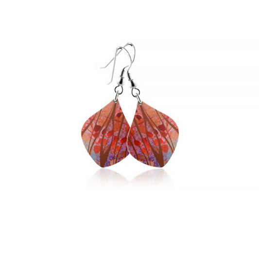 A pair of curved aluminium drop earrings with abstract and brightly coloured modern design print