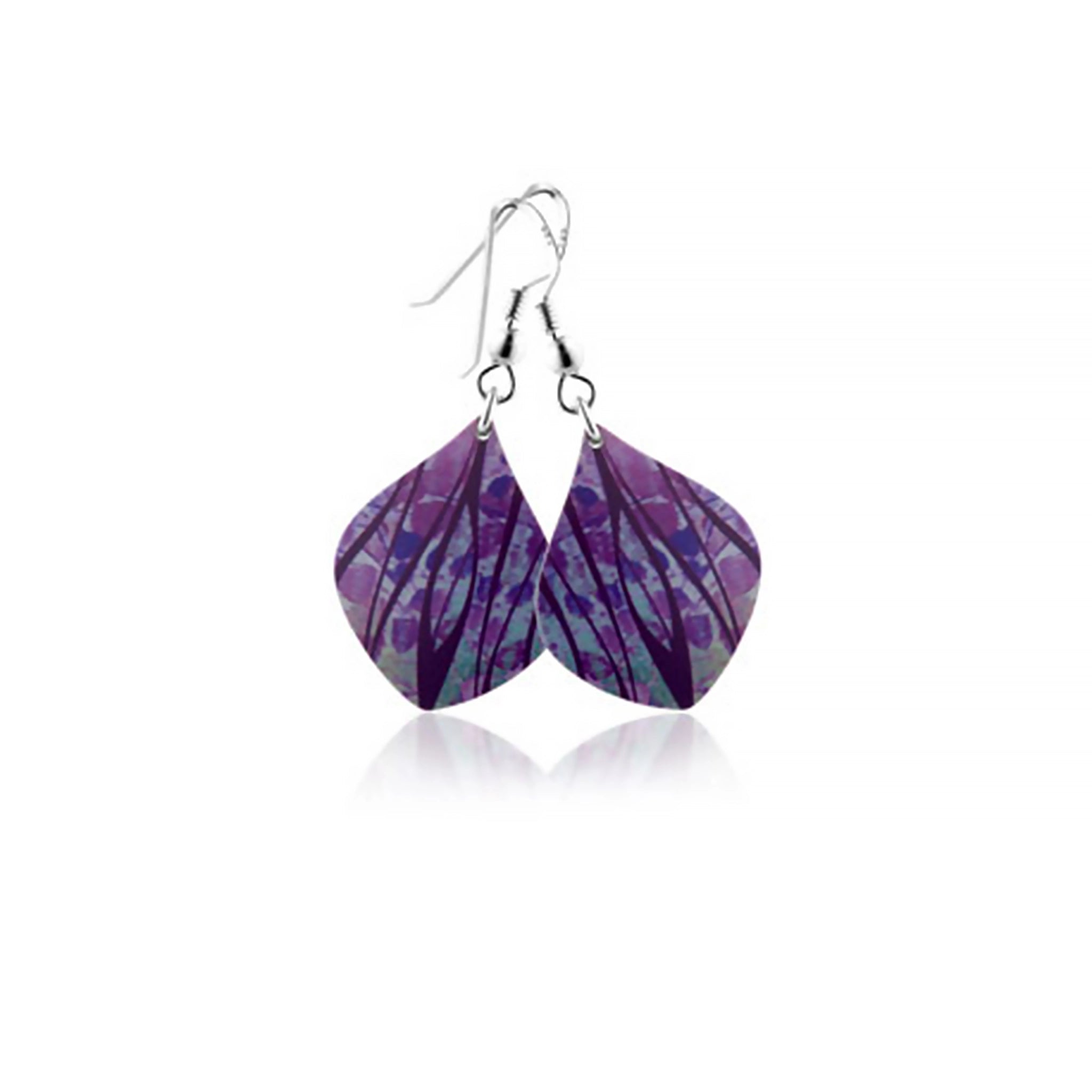 A pair of curved aluminium drop earrings with abstract and brightly coloured modern design print