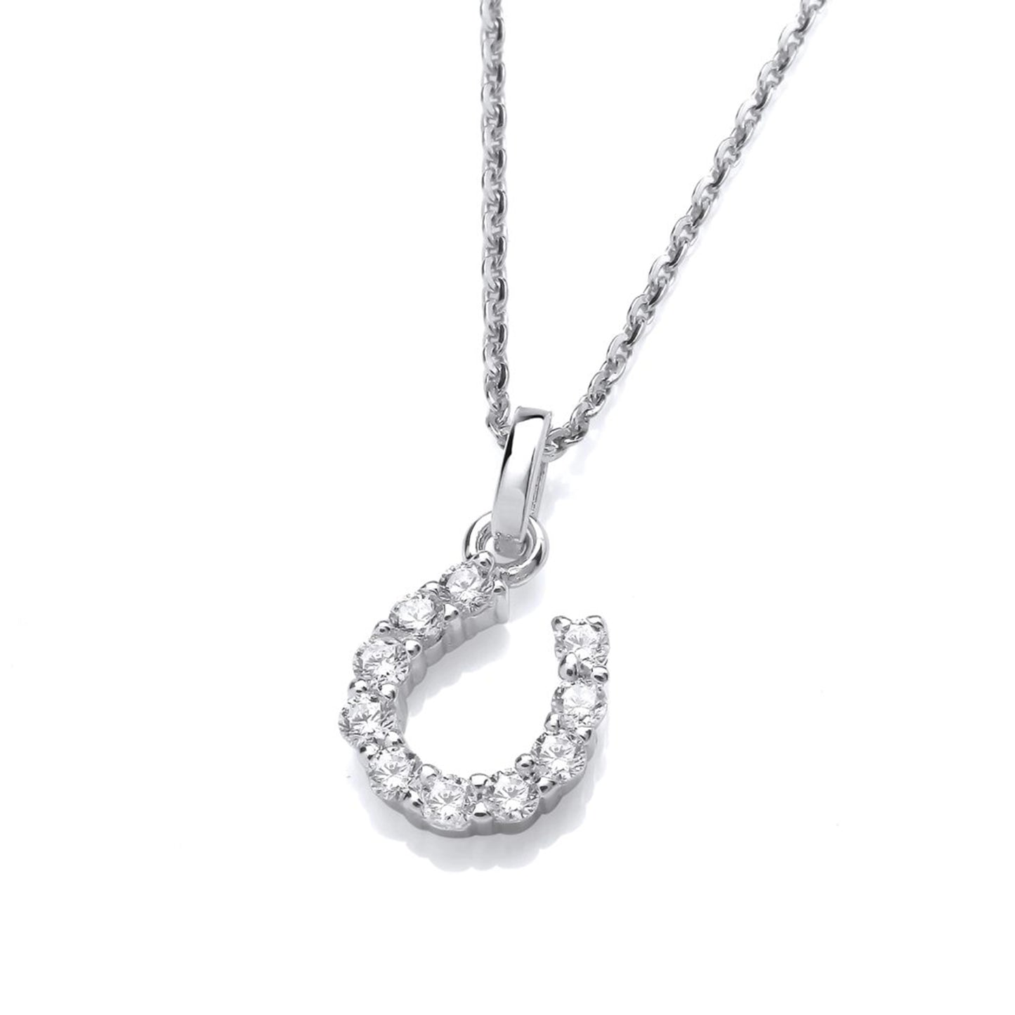 Silver horseshoe shaped pendant set with CZ stones on a silver chain