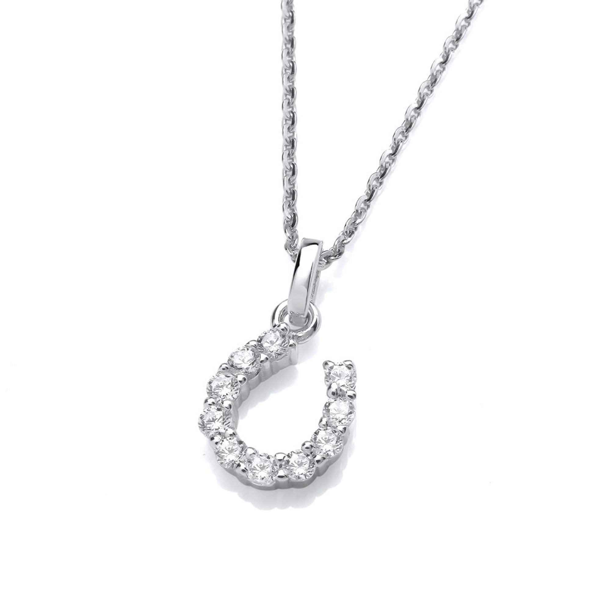 Silver horseshoe shaped pendant set with CZ stones on a silver chain