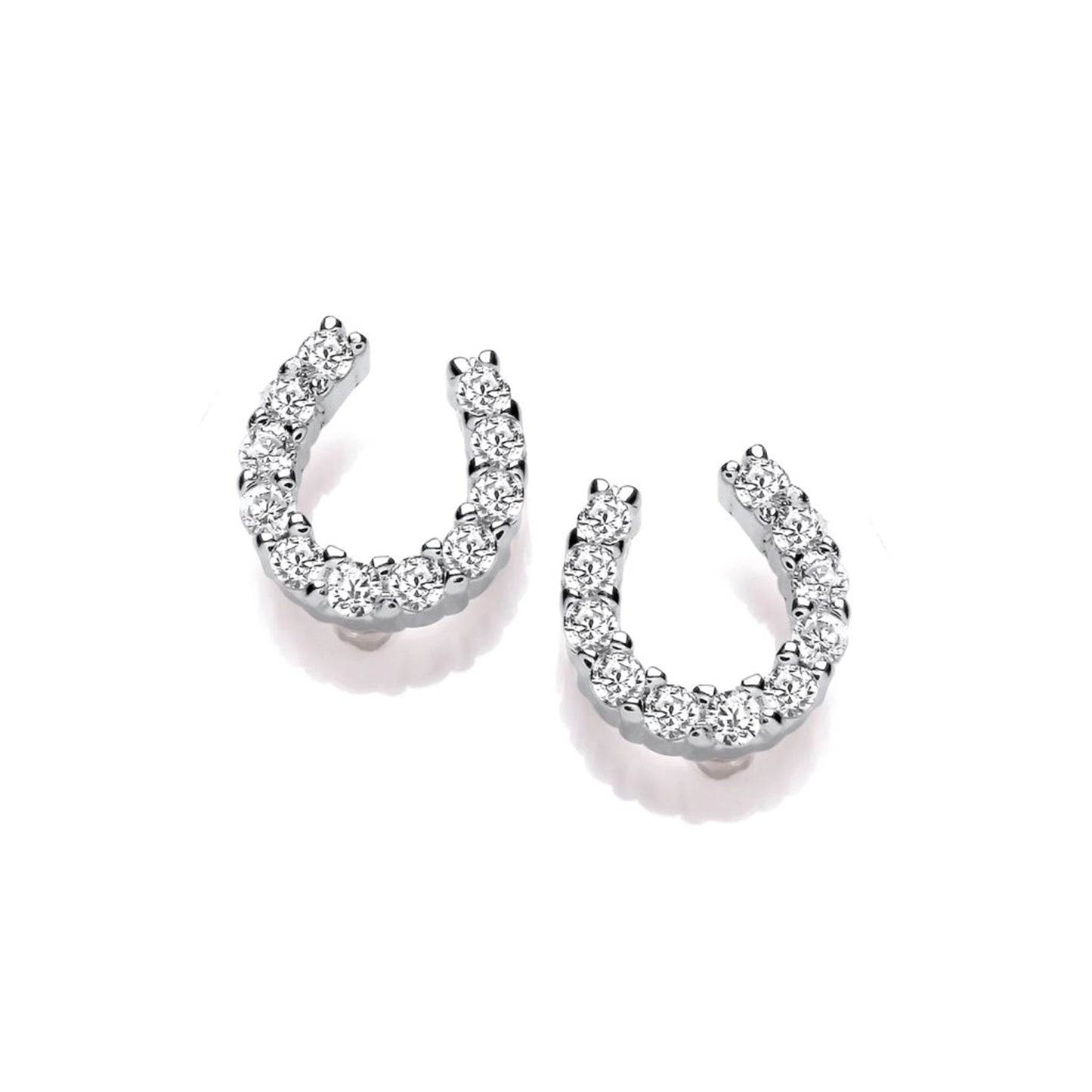 Pair of silver stud earrings shaped like horseshoes with CZ stones