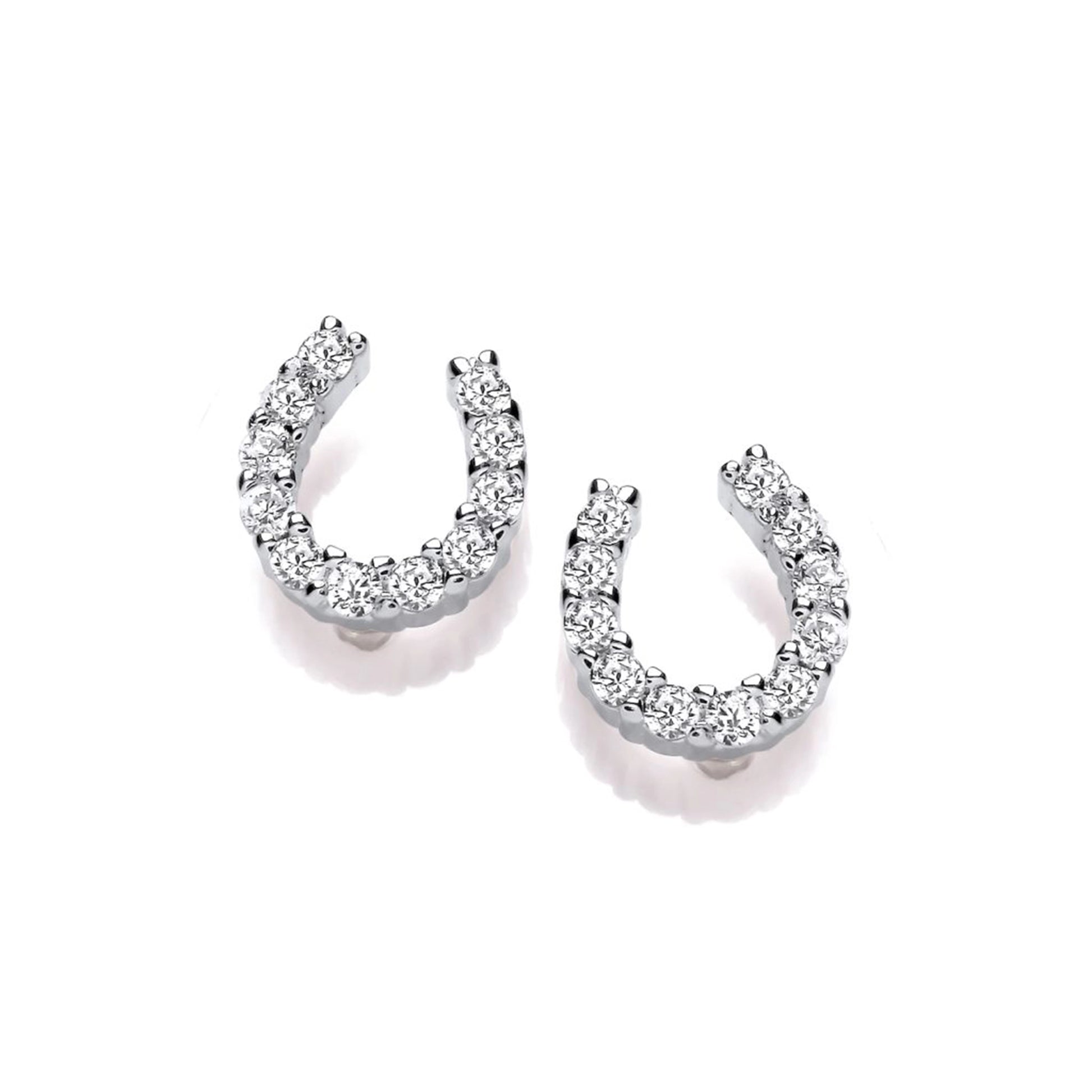 Pair of silver stud earrings shaped like horseshoes with CZ stones