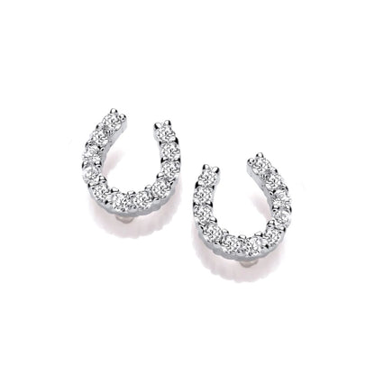 Pair of silver stud earrings shaped like horseshoes with CZ stones