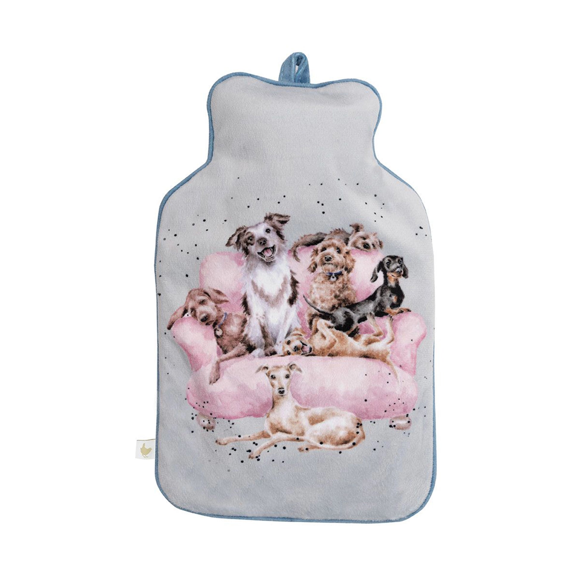 A hot water bottle with dog design and blue piping