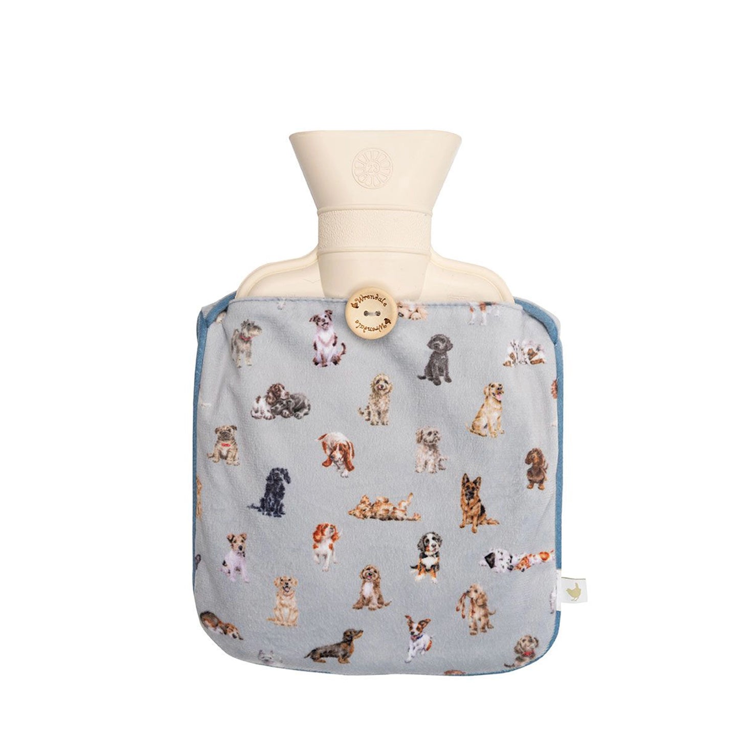 A hot water bottle with dog designs and rubber bottle insert