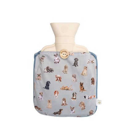 A hot water bottle with dog designs and rubber bottle insert