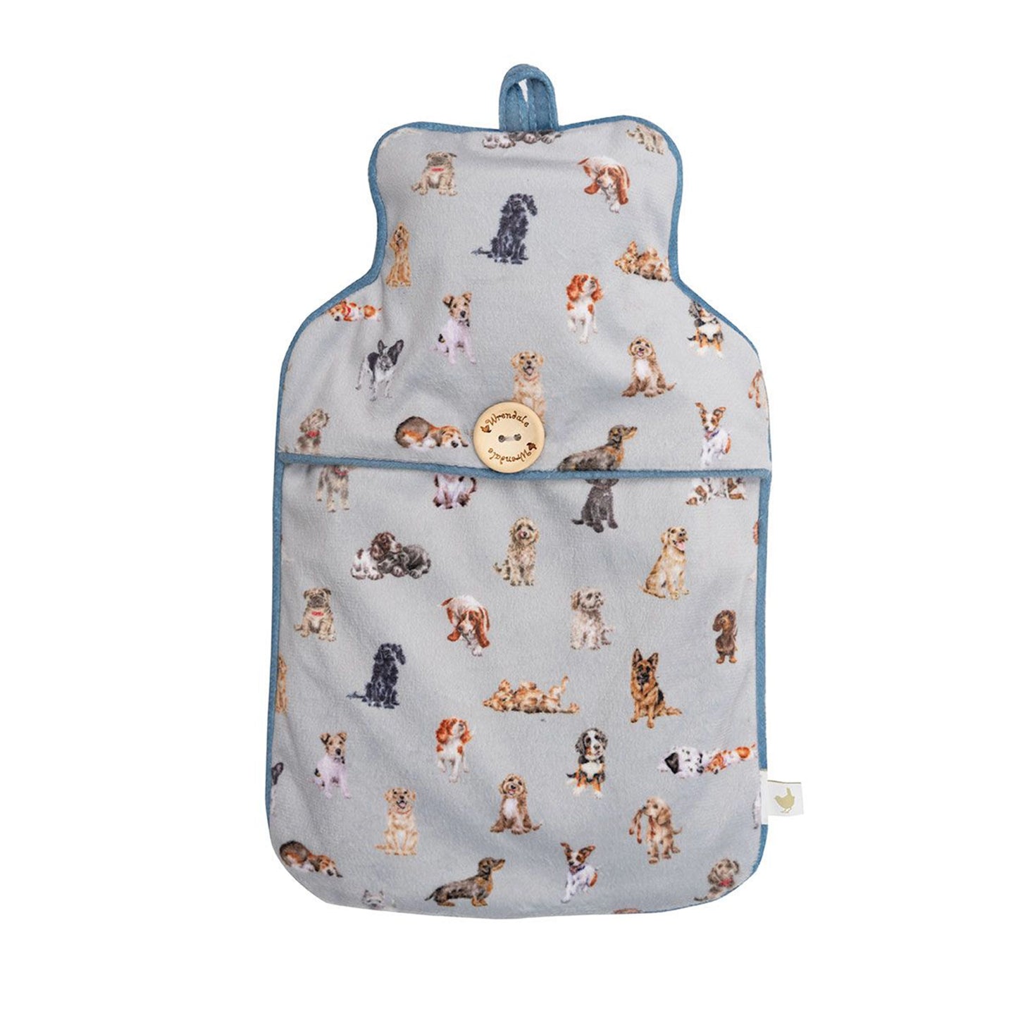 A hot water bottle with dog pattern and blue piping