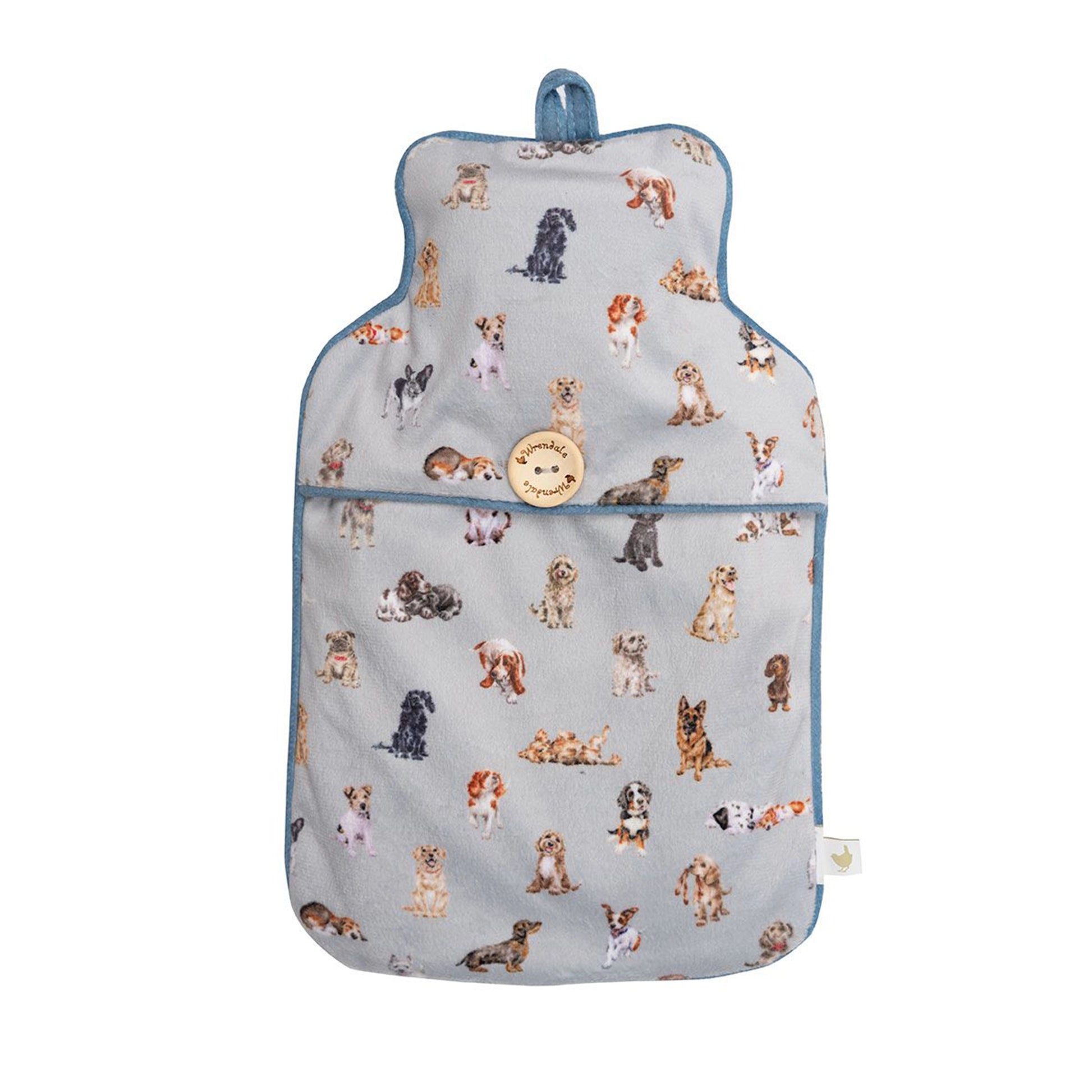 A hot water bottle with dog pattern and blue piping