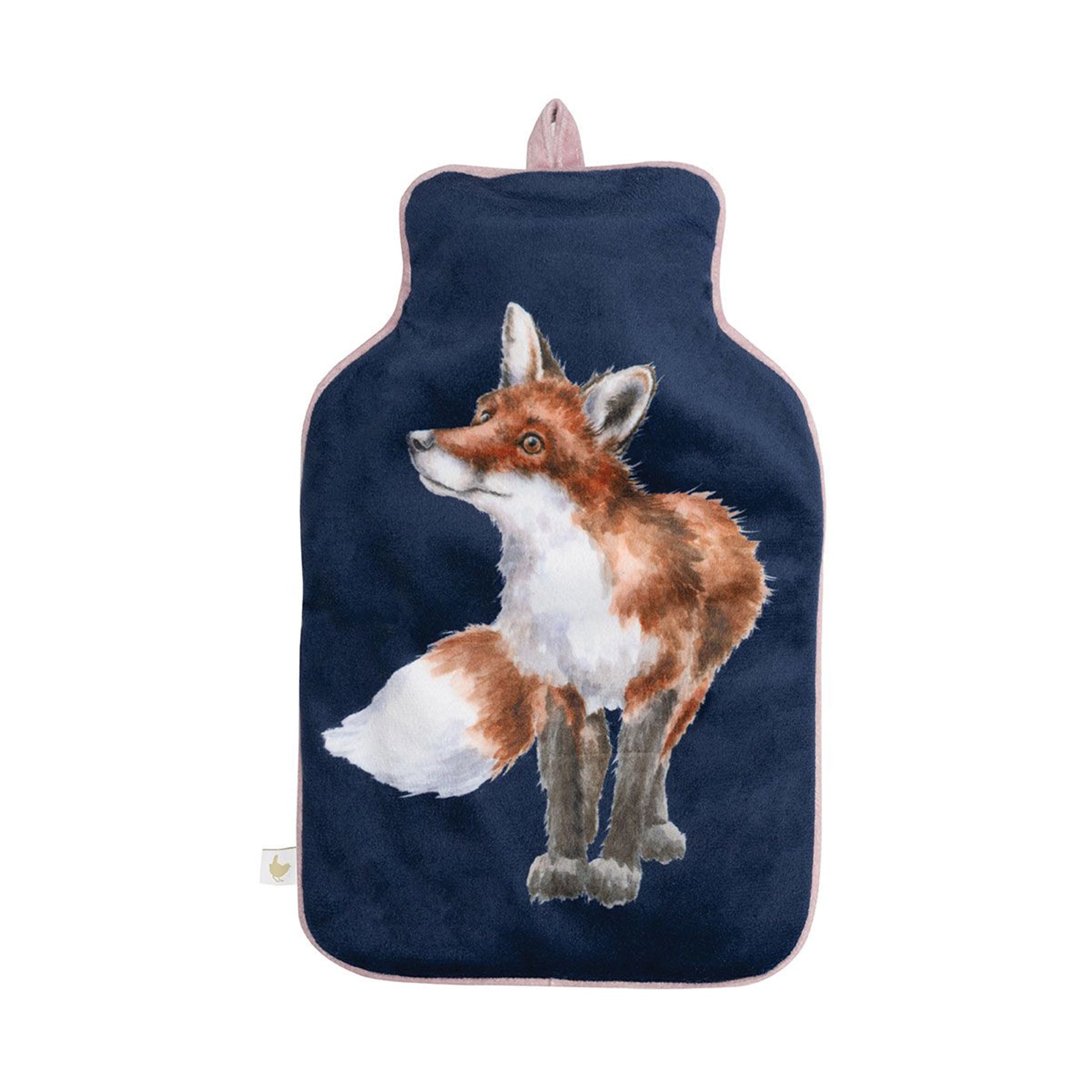 A navy hot water bottle with fox design and grey piping