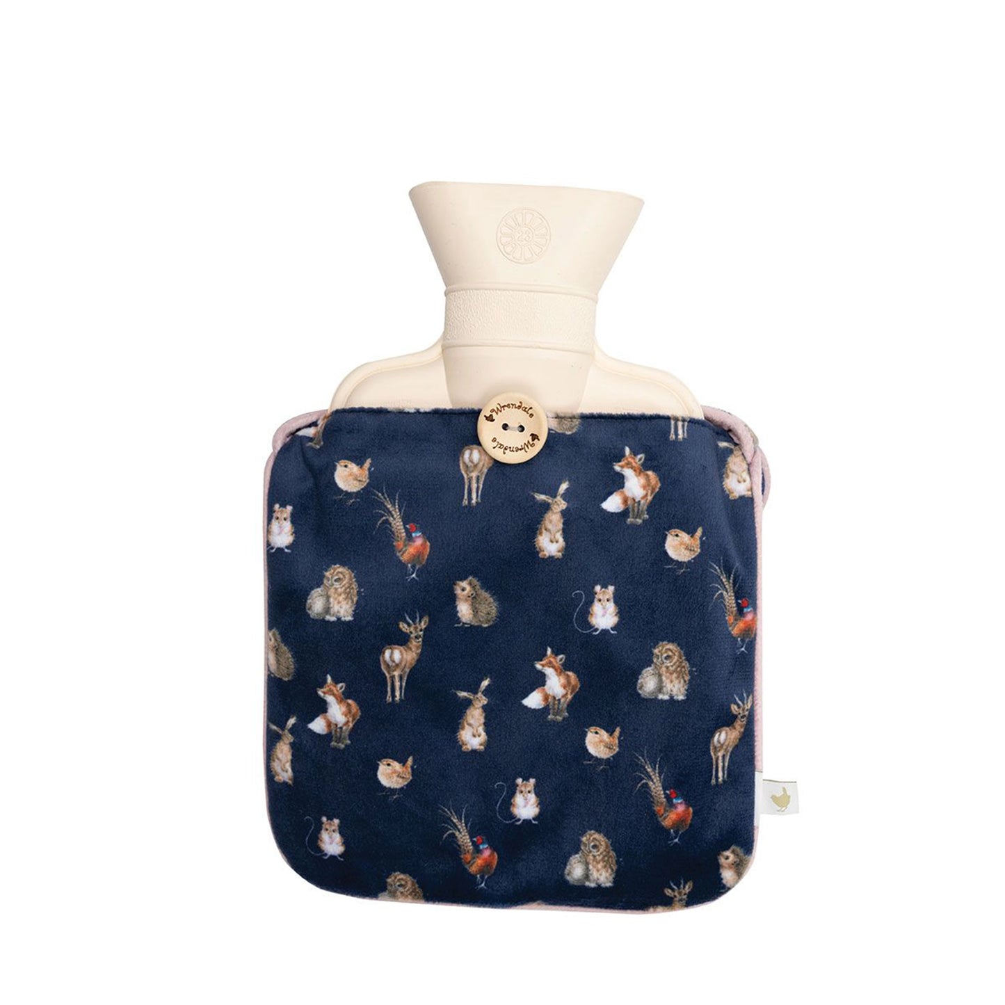 A navy hot water bottle with repeat woodland creature design and rubber bottle insert