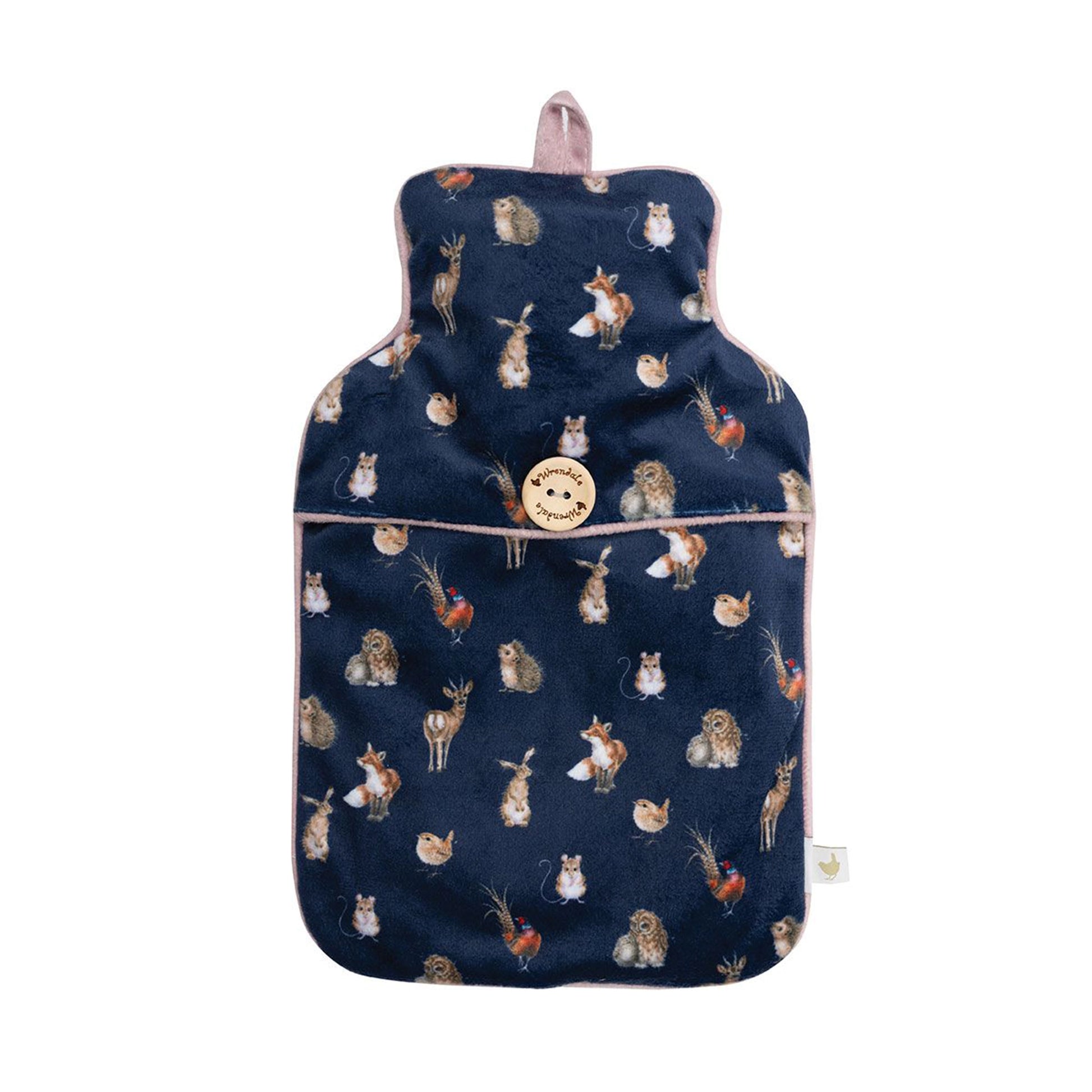 A navy hot water bottle with repeat woodland creature design and grey piping