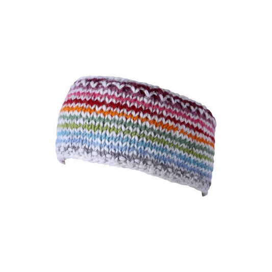 A knitted headband with thin rainbow stripes on white