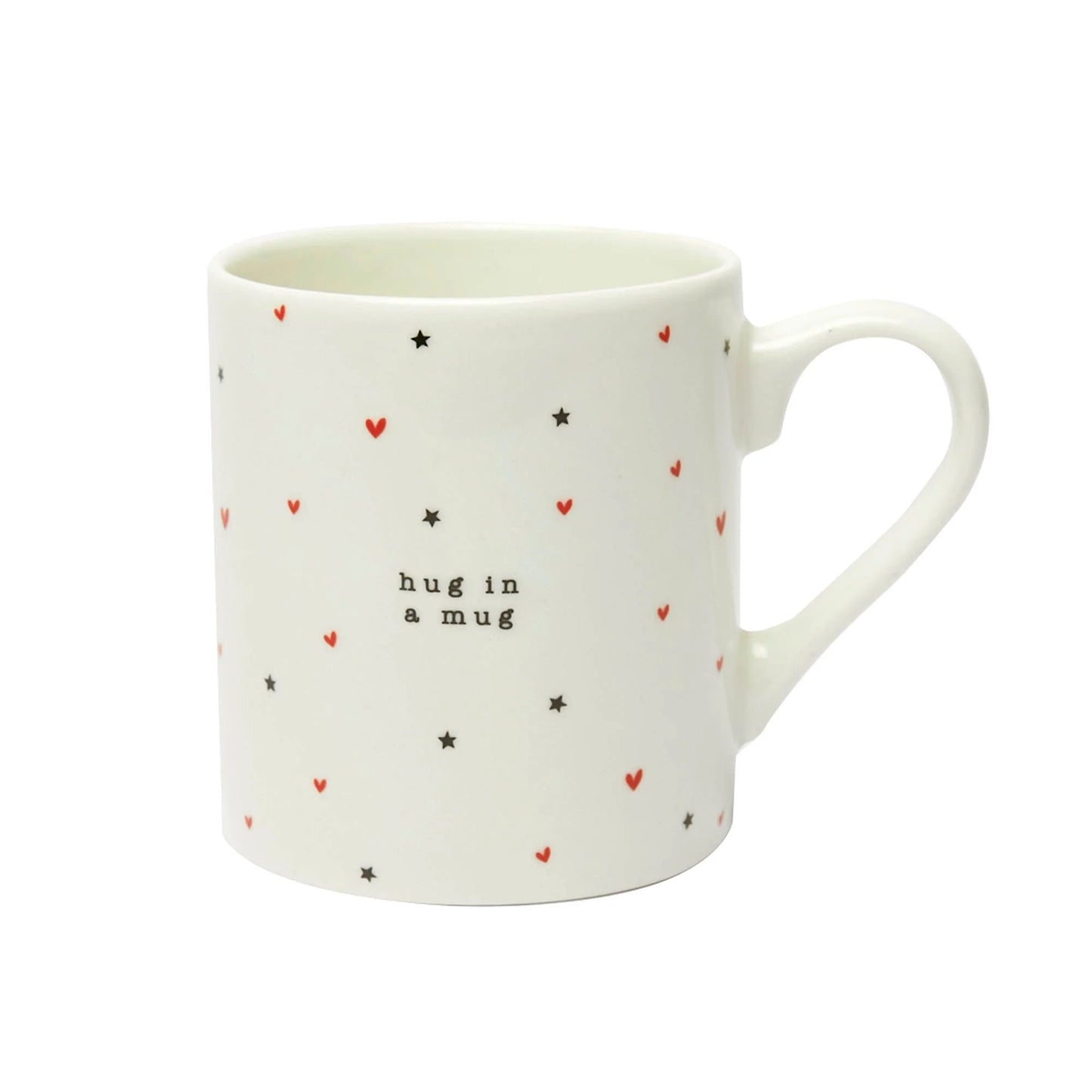 A mug with black and red hearts and stars wrap around print and the words 'hug in a mug'