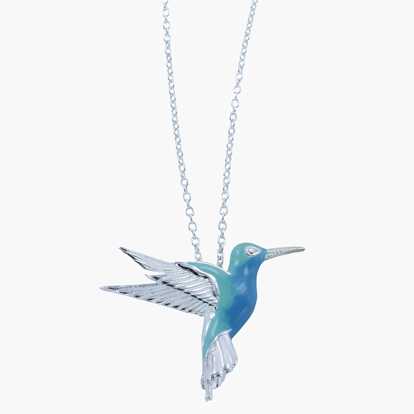 Silver and enamel blue hummingbird pendant on silver chain