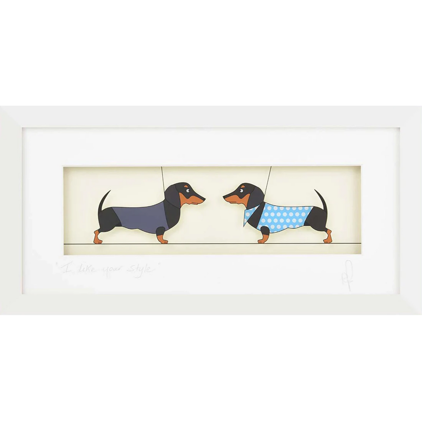 Acrylic framed wall art featuring two dachshund dogs in outfits