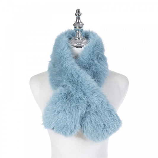 A light blue coloured faux fur pull through scarf