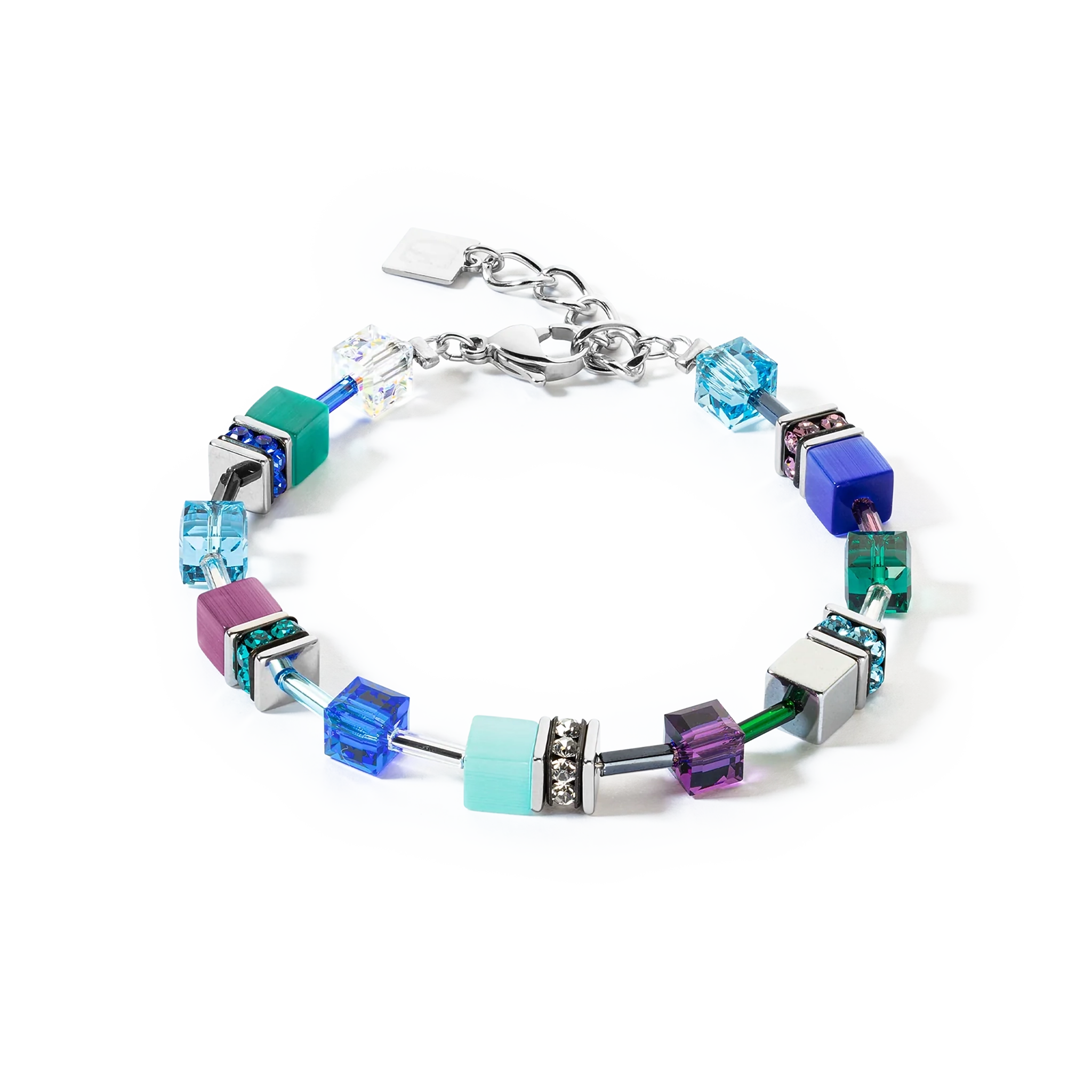 A steel bracelet featuring a variety of cube shaped stones in blue and purple