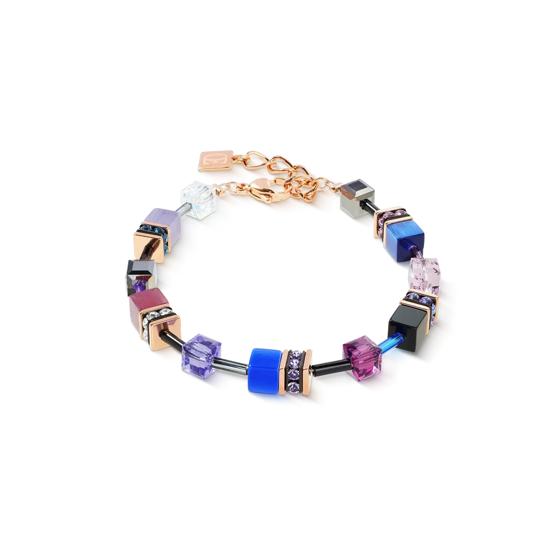Geo cube bracelet with purple and blue colours on rose gold 