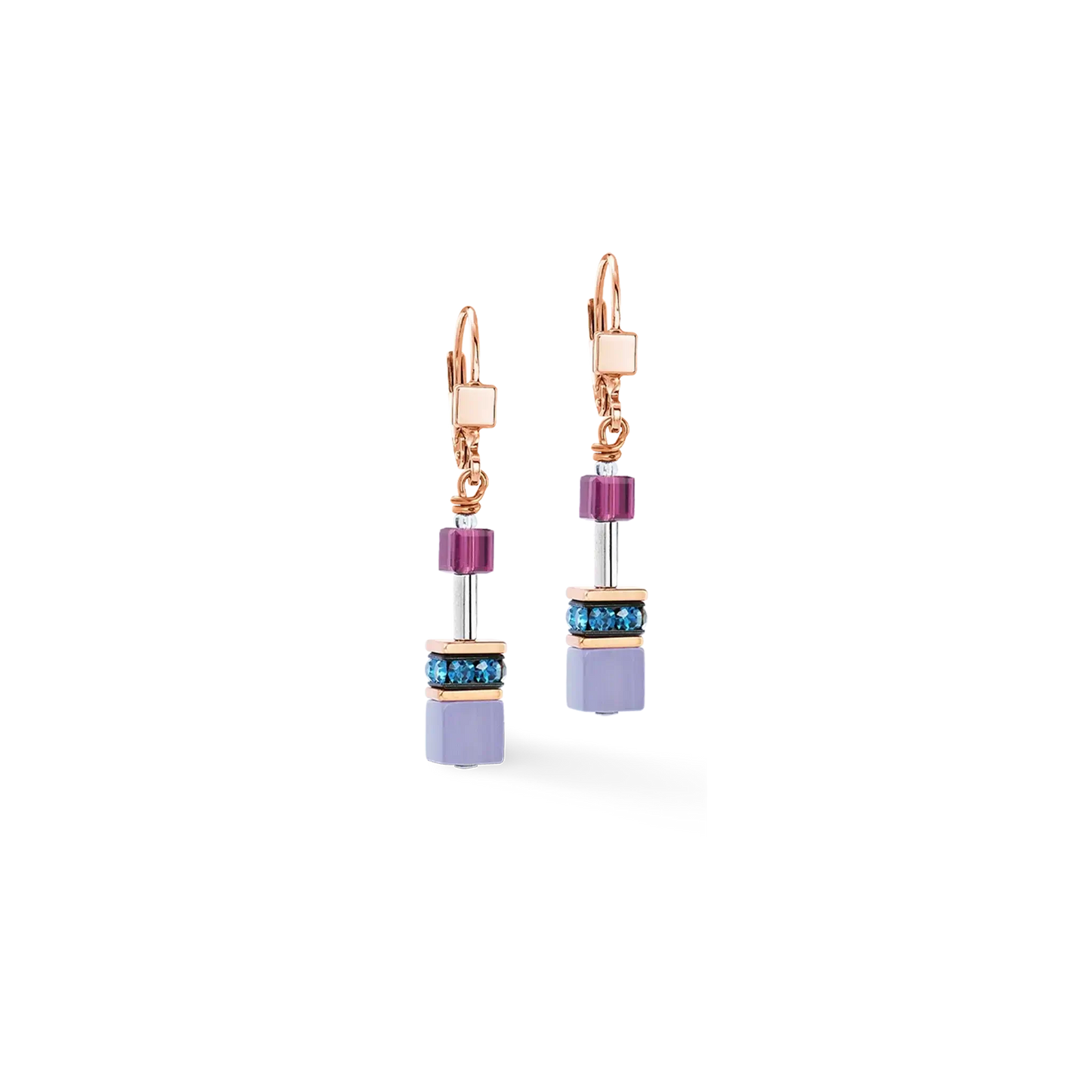 Geo cube drop earrings with purple and blue colours on rose gold 