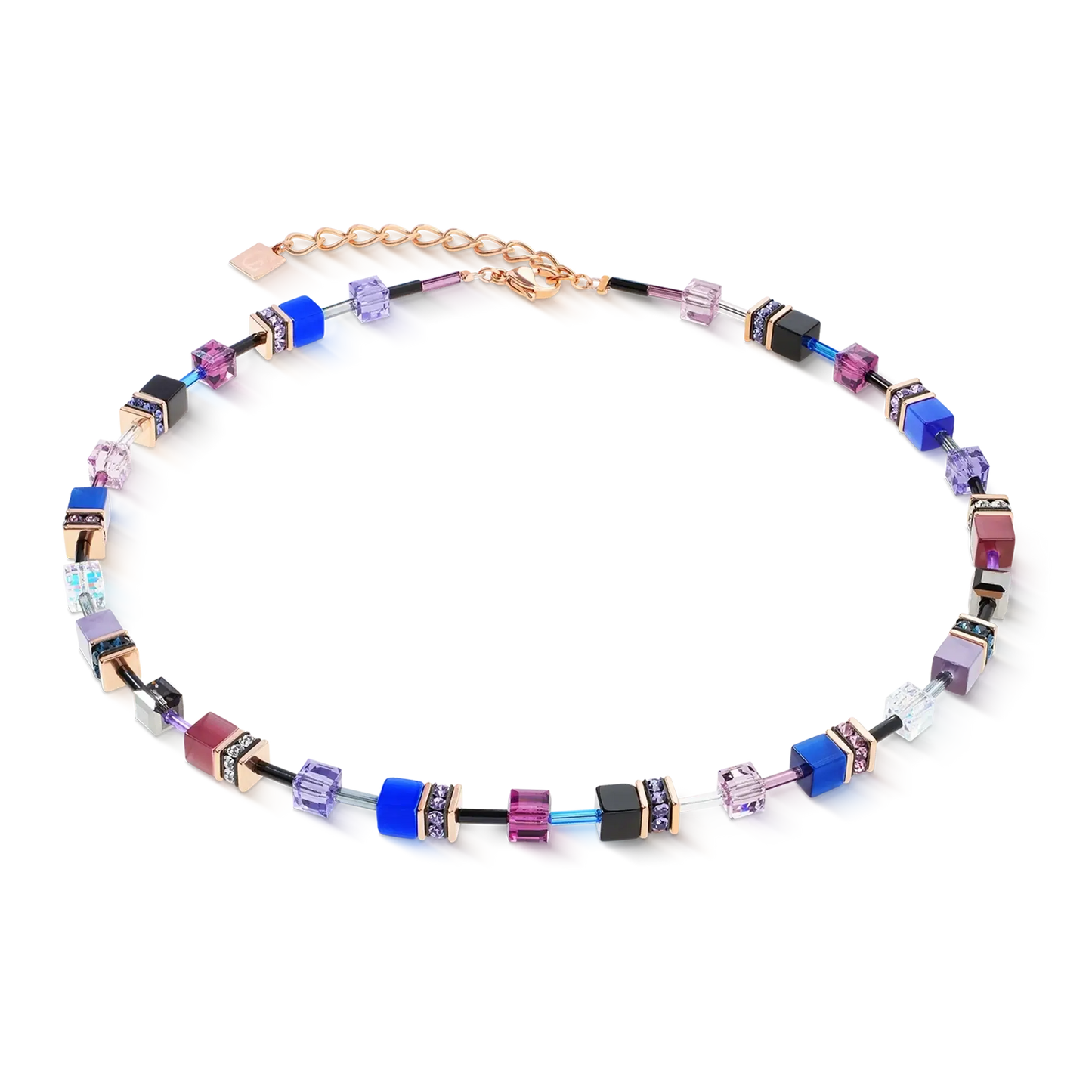 Geo cube necklace with purple and blue colours on rose gold 