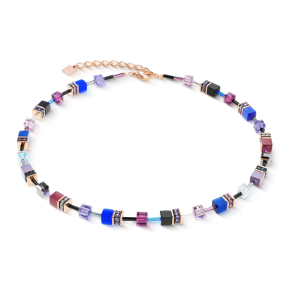 Geo cube necklace with purple and blue colours on rose gold 