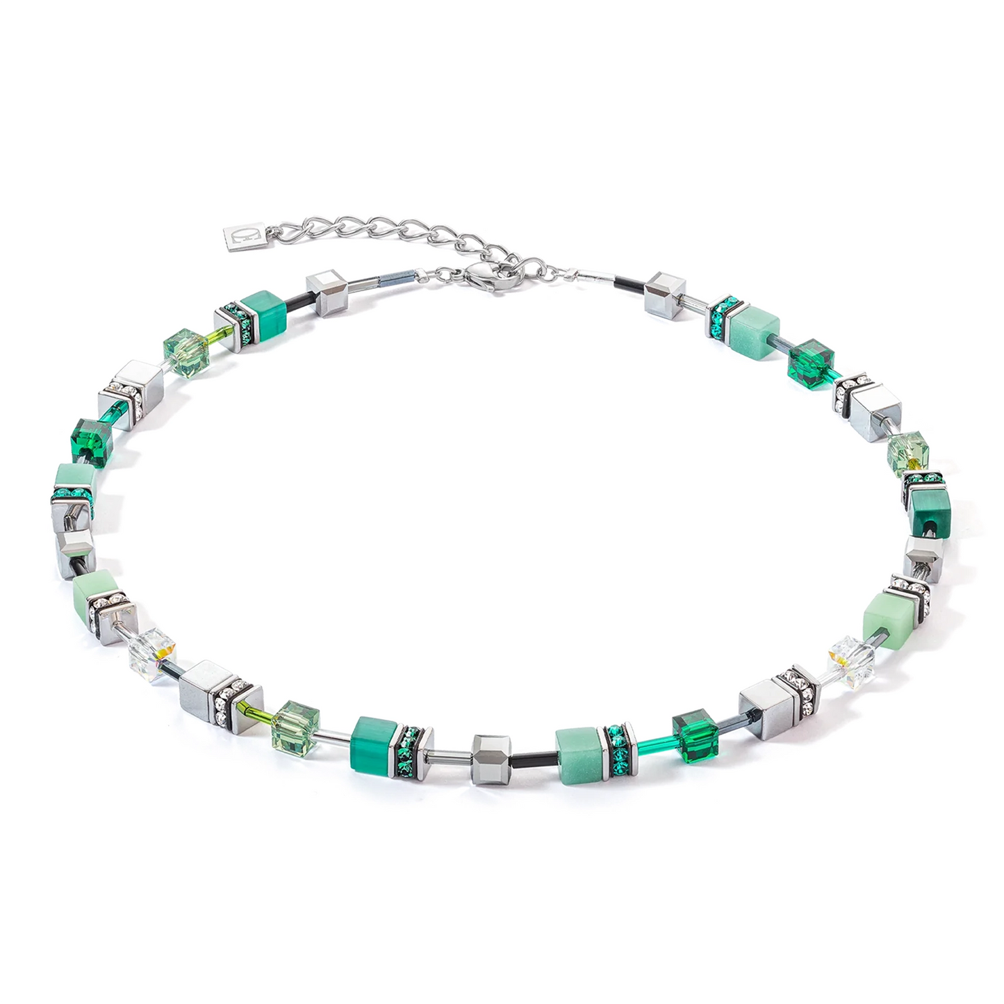 A silver and green necklace with cube shaped stones and Swarovski crystals
