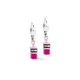 A pair of drop earrings with bright pink polaris cubes